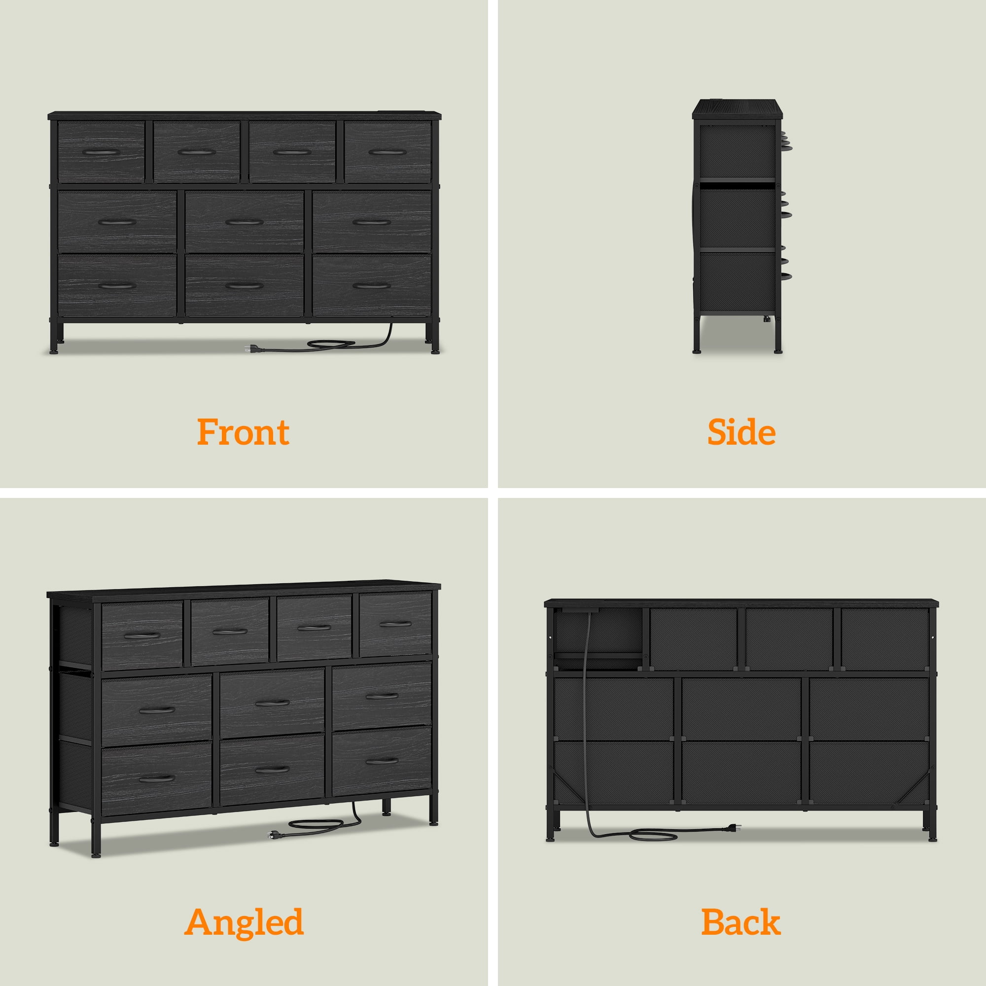 Laintene Black Dresser TV Stand, 10 Drawer Dresser with Power Outlet, Fabric Chest of Drawers for Bedroom, Wooden Top for Storage, 50" TV Stands for Living Room, Closet, Hallway, Entryway