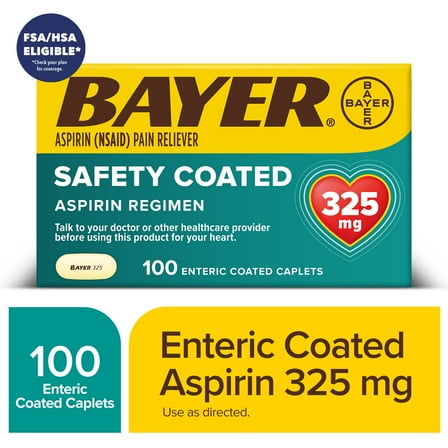 Aspirin Regimen Bayer Regular Dose Pain Reliever Enteric Coated Tablets, 325mg, 100 Count