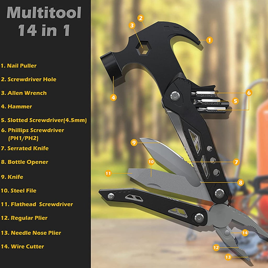 Miiottaa Stainless Steel and Aluminum Outdoor Multi Tool with Car Emergency Sledgehammer Car Window Breaker Perfect for Camping Hiking