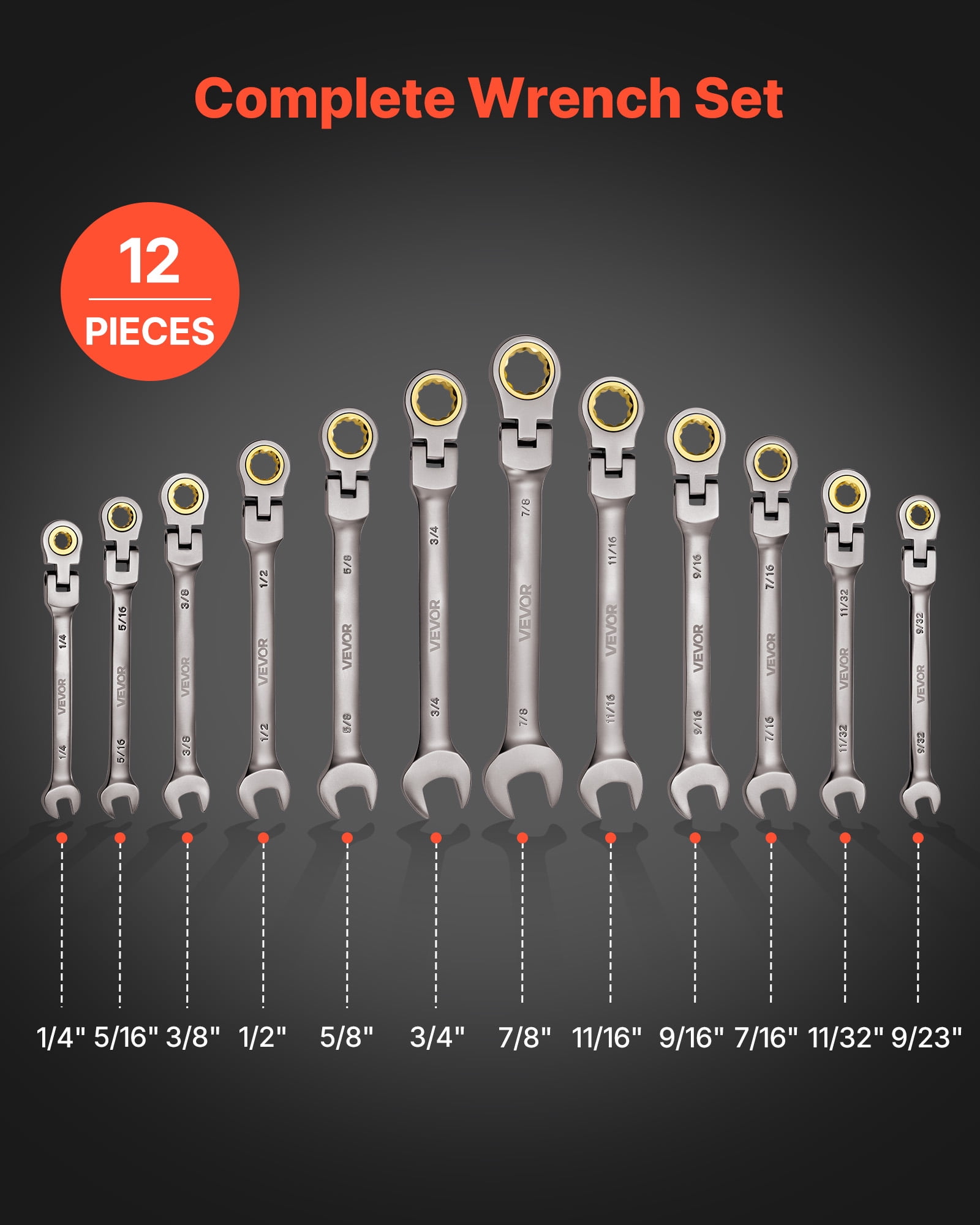 VEVOR Flex-Head Ratcheting Wrench Set, 12-Piece SAE Sizes, 72 Teeth, Cr-V Steel Ratchet Flexible Combination Wrench Set with Roll Up Pouch, for General Household and Automotive Repairs, Gray Nickel