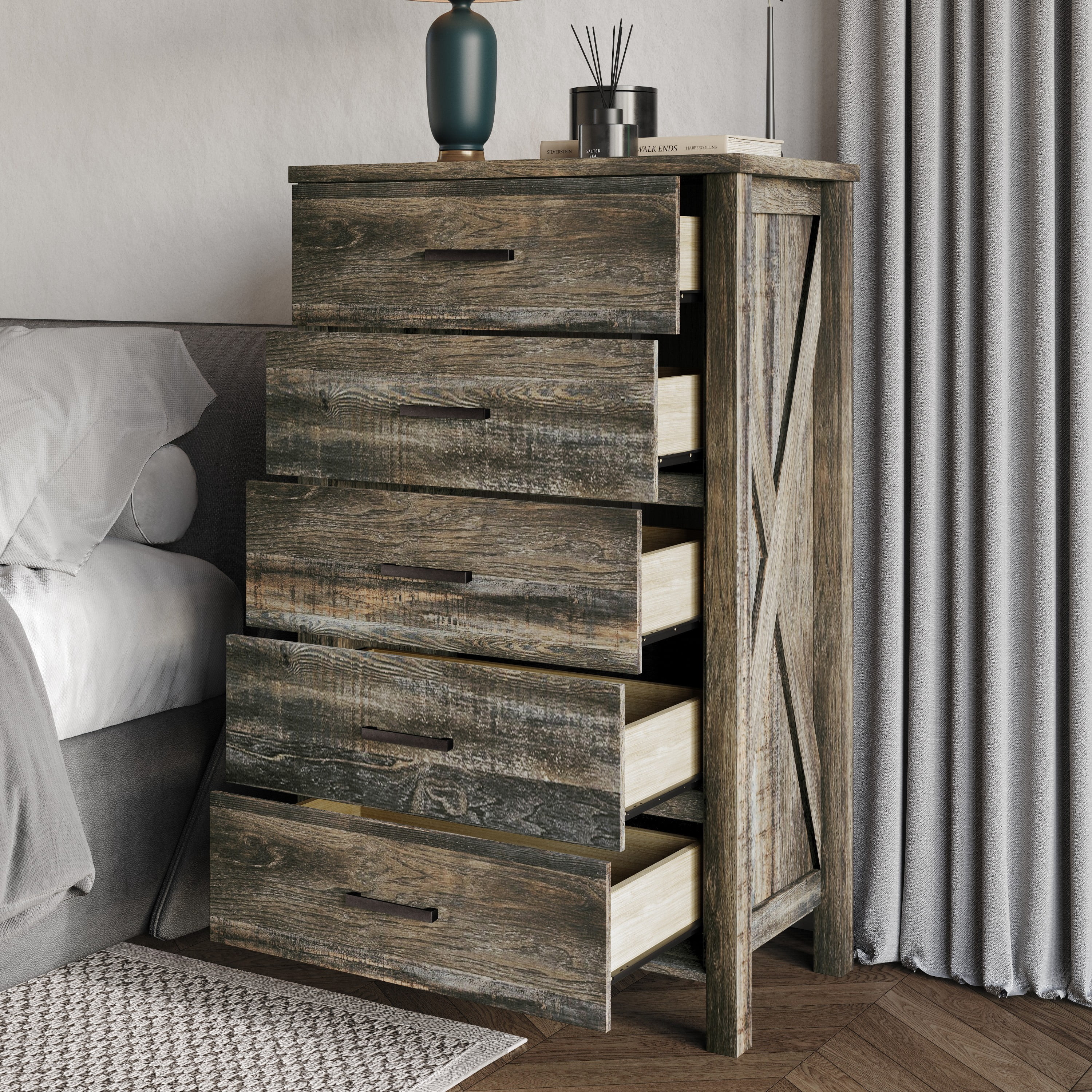 Home Design Niles 5-Drawer Chest, Brown, Wood Construction, X-shaped Side Panels, Black Handles, Easy Assembly