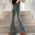 thumbnail image 2 of Ruyang Teen Girls Retro Flare Jeans Ripped Bell Bottom High Waist Denim Long Pants Kids Striped Cute Straight Baggy Trousers, 2 of 9
