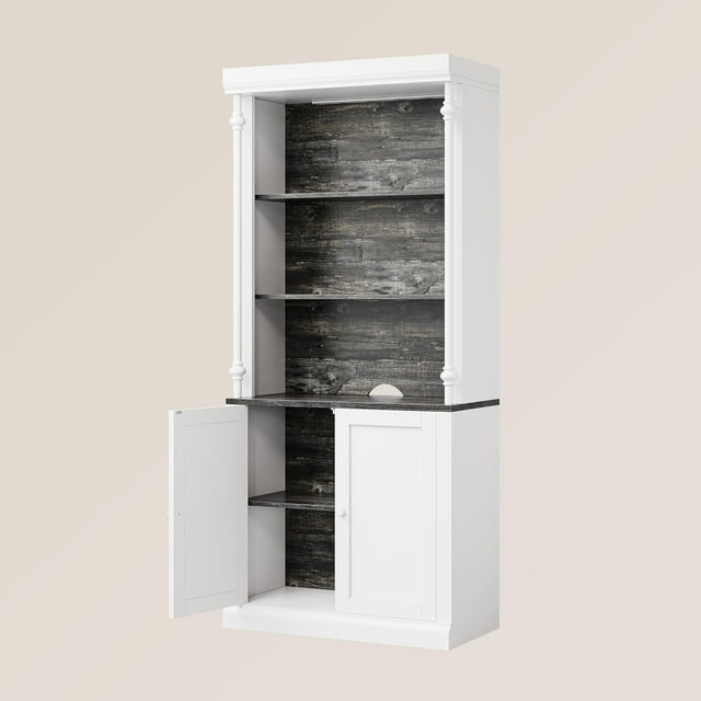 GloryStar Tall Storage Bookcase with 3 Open Shelves & Double Doors, Roman Column Design, 4 Adjustable LED Lights
