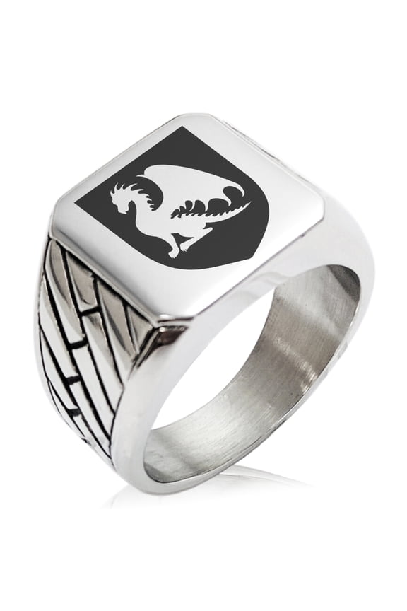Stainless Steel Dragon Guardian Coat of Arms Shield Geometric Pattern Biker Style Polished Ring