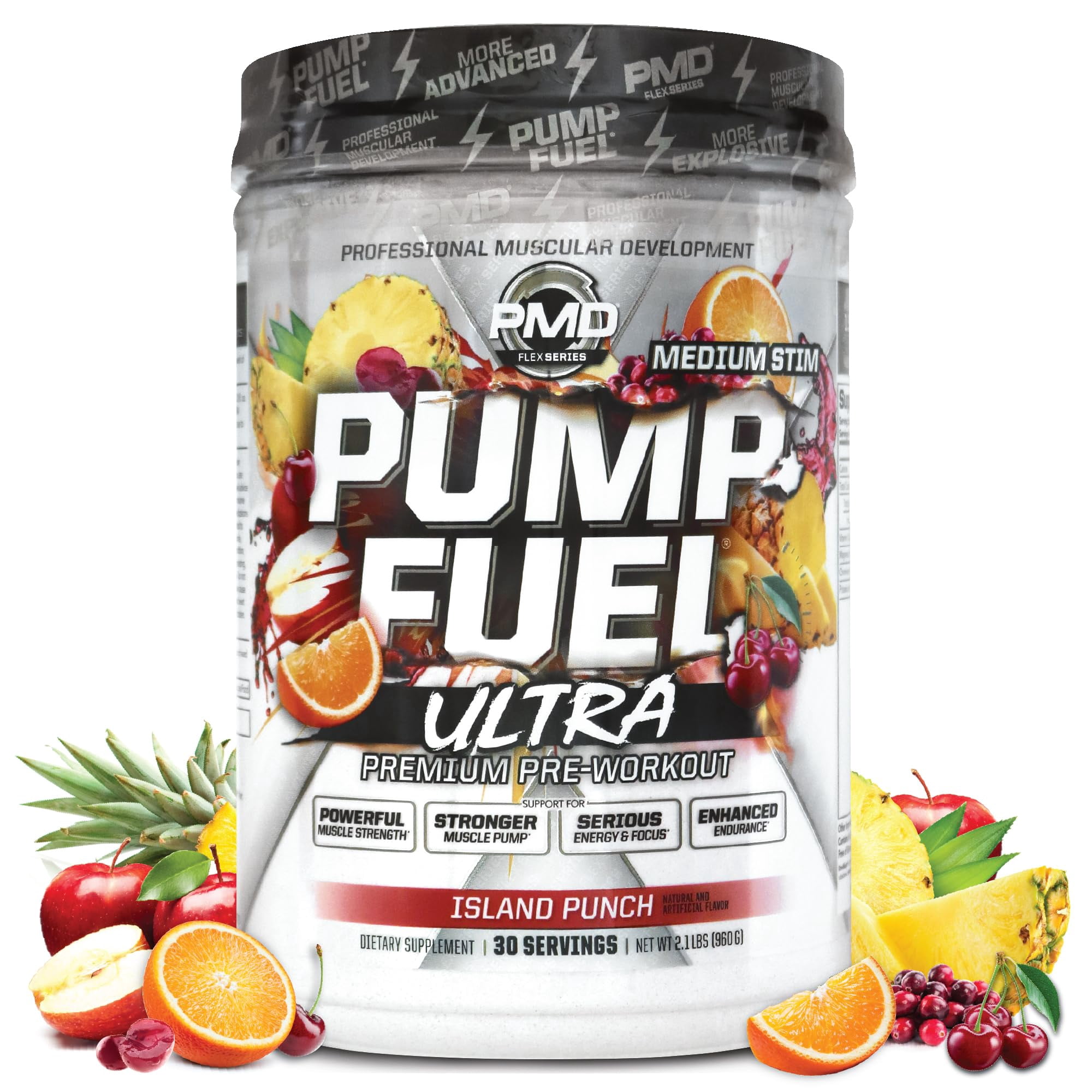 PMD Sports Ultra Pump Fuel - Pre Workout Drink Mix - Energy, Strength, Endurance, Muscle Pumps and Recovery - Complex Carbohydrates and Amino Energy - Island Punch (30 Servings)