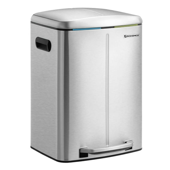 SONGMICS Trash Can, 2 x 20 L Garbage Can for Kitchen, Dual Compartment Metal Step Bin, with Plastic Inner Buckets, Soft-Close Lids, and Handles