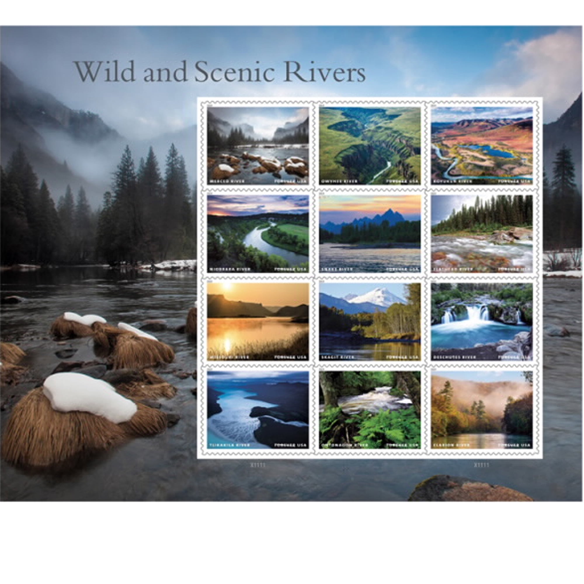 Wild and Scenic Rivers 1 Sheet of 12 USPS First Class Forever Postage Stamps Wedding Celebration (12 Stamps)