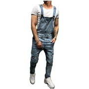 ZAXARRA Men Denim Carpenter Overalls Bib Jumpsuits Moto Biker Jean Pants