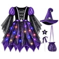thumbnail image 4 of Girls Light up Witch Purple Star Witch Dress with Witch Hat Wand and Kids Halloween Cosplay Dress up Outfit for Party Carnival, 4 of 4