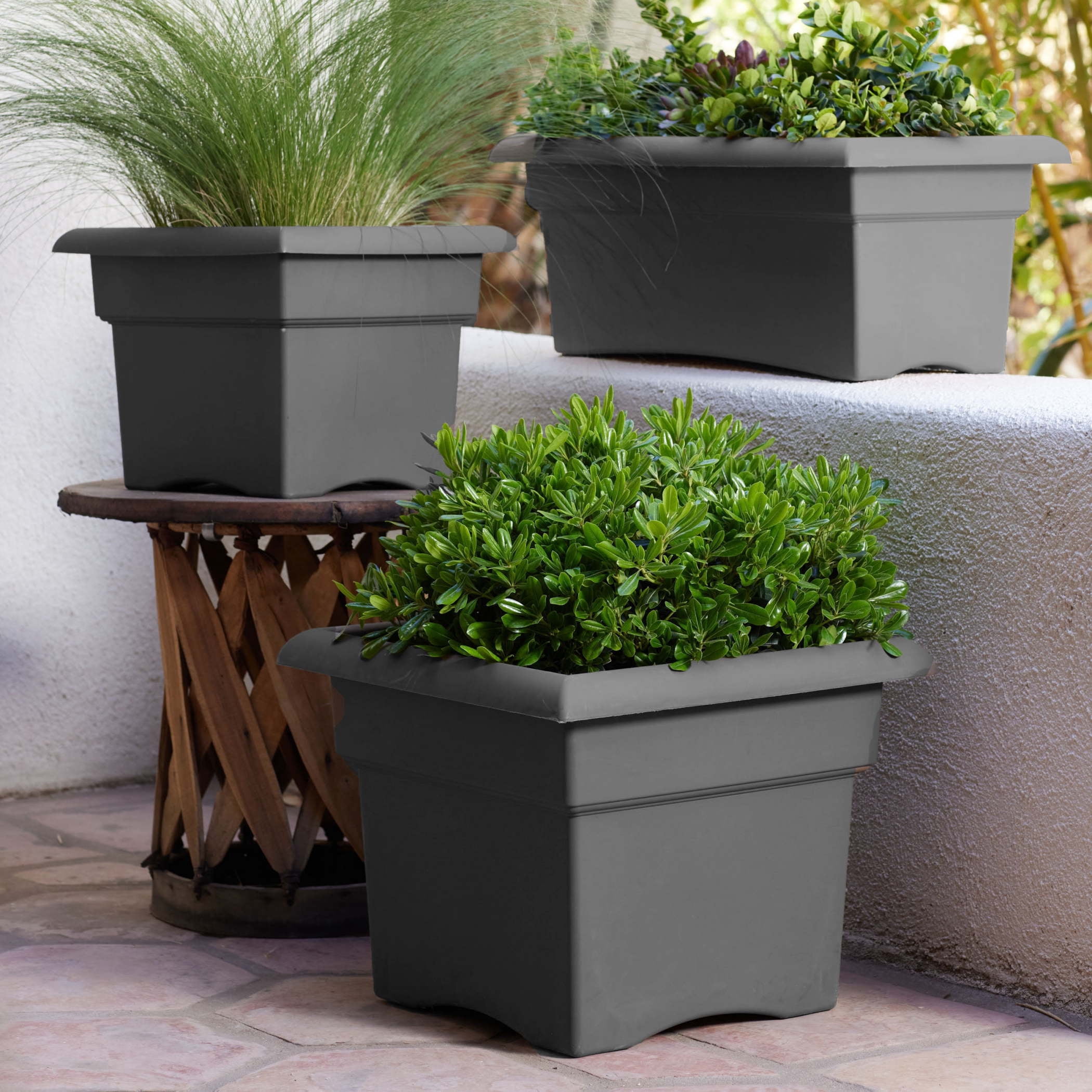 Bloem Veranda 18" Square Box Plastic Planter - UV-Resistant, Indoor/Outdoor, Charcoal