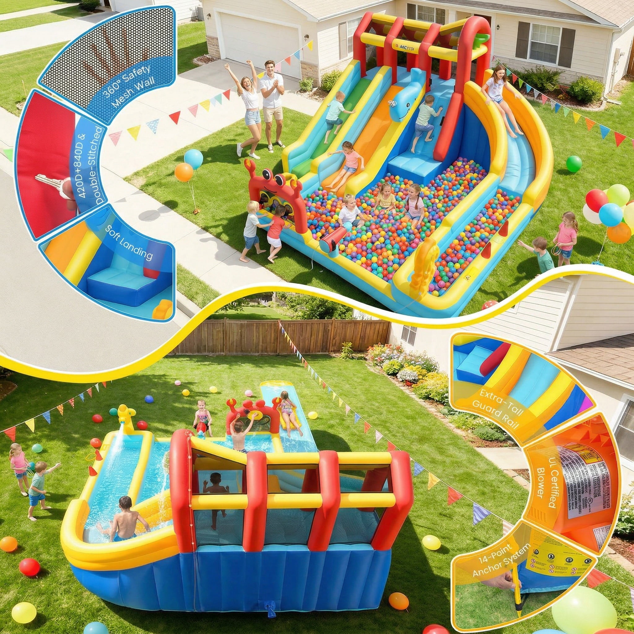 Veeboto Inflatable Water Slide with 750W Blower, Water Park Featuring 3 Slides, Pool, Water Cannon, Ball Net, Ball Hoop, Ring Toss Pole, Climbing Wall, Bounce House for Ages 3-12
