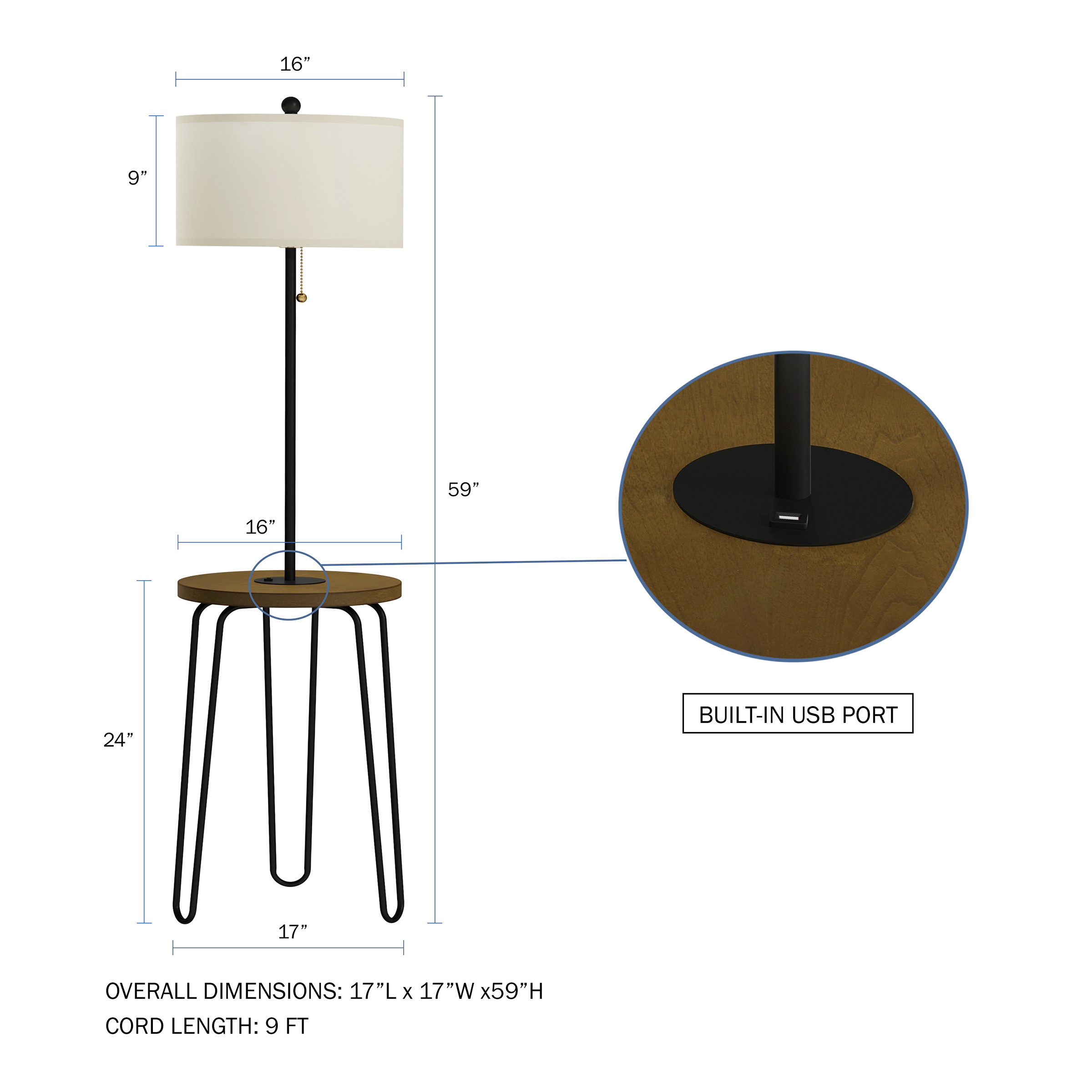 Lavish Home 59-inch Floor Lamp with Table, USB Port, and Hairpin Legs – Standing Light with Shelves
