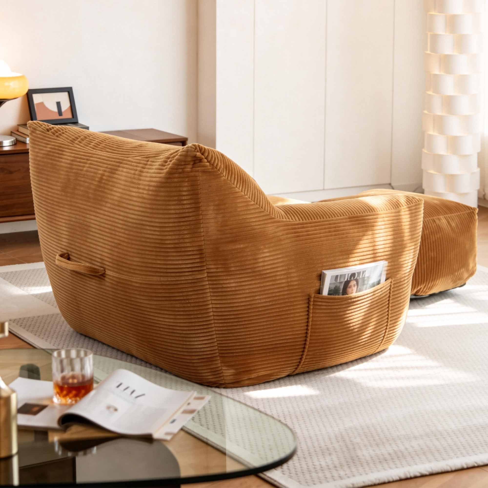 Lunale Oversized Bean Bag Chair with Ottoman, Boneless Lazy Sofa Chair for Bedroom, Living Room, Beige Corduroy