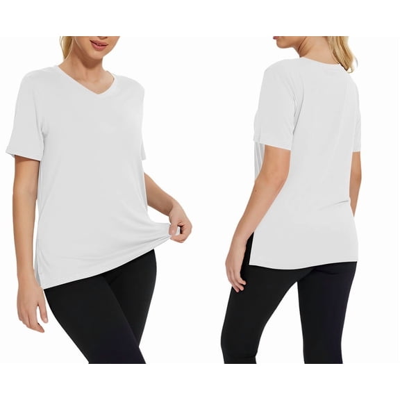 T Shirts for Women, Women's Plus Size Basic Short Sleeve V-Neck T-Shirts with Side Slits, Summer 2026 Basic Tees