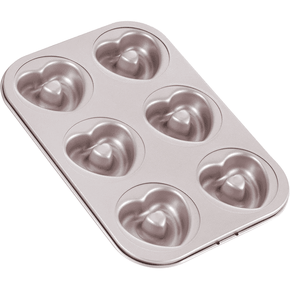 6-Cavity Heart Shaped Donut Pan, Nonstick Doughnut Mold Bakeware, Food-Grade Silicone Coating Carbon Steel, Easy Release & Dishwasher Safe, Oven Baking, Champagne Gold