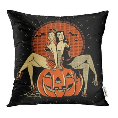 Keeping A Carved Pumpkin Fresh USART Vintagestyle Line of Spooky Halloween Glamour Twins Sitting on Carved Pumpkin Pillow Case Pillow Cover 18x18 inch Throw Pillow Covers ()