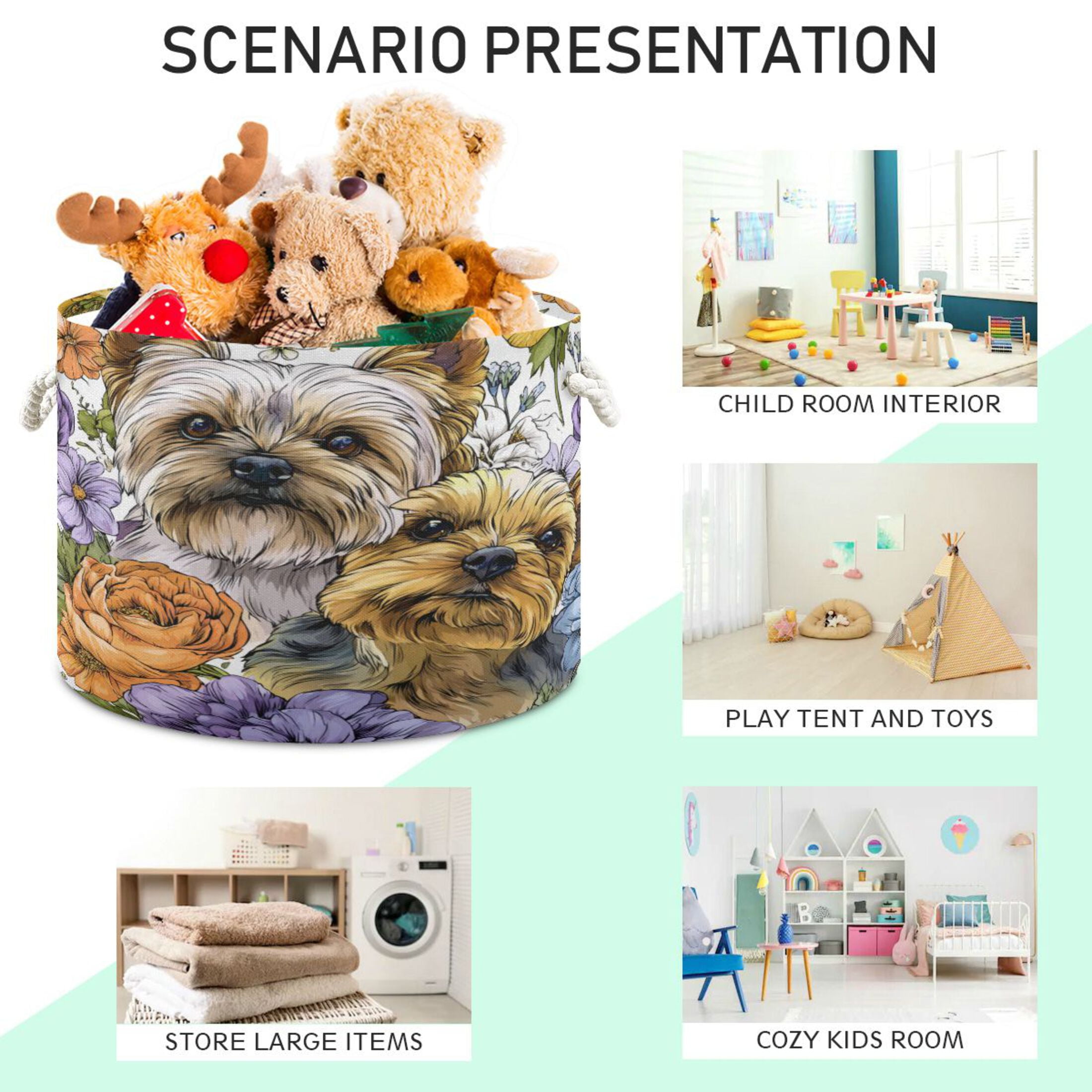RMDQTR Round Toy Storage Basket Foldable Storage Basket for Home Decor Laundry Basket20" x 14" Lovely Yorkshire Terrier Dogs