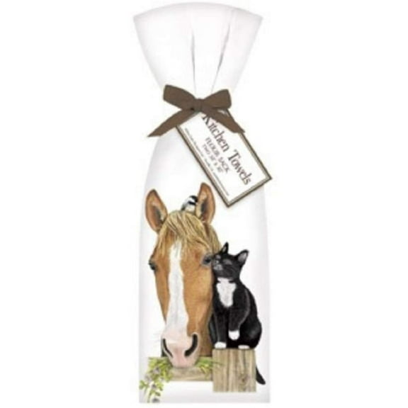2 Horse and Cat Ribbon Tied Flour Sack Towels