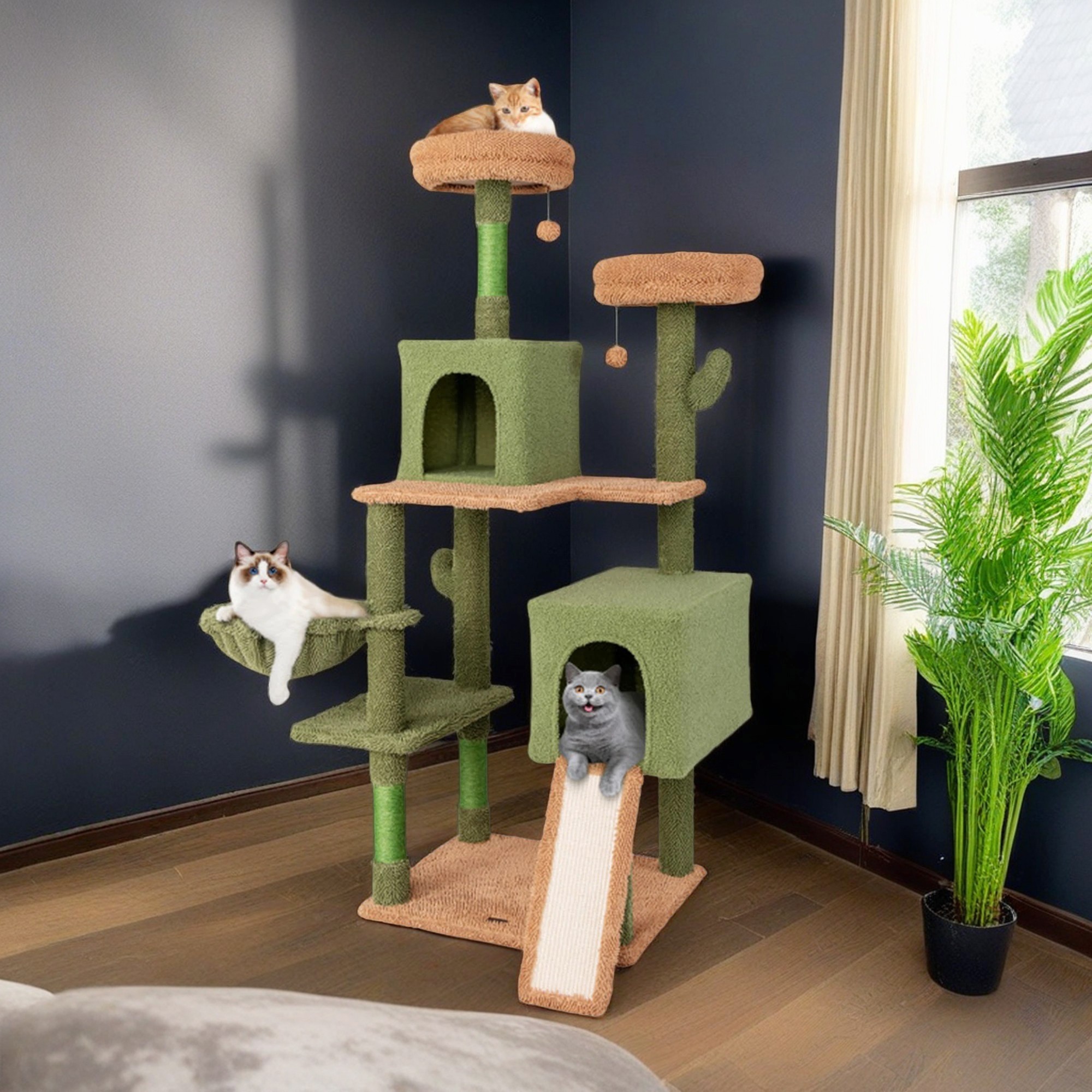 resenkos 63" Cactus Cat Tree for Indoor Cats with Cat Condo, Multi-Level Cat Tower with Hammock, Cat Tree House with Sisal Scratching Posts and Ladder, Green