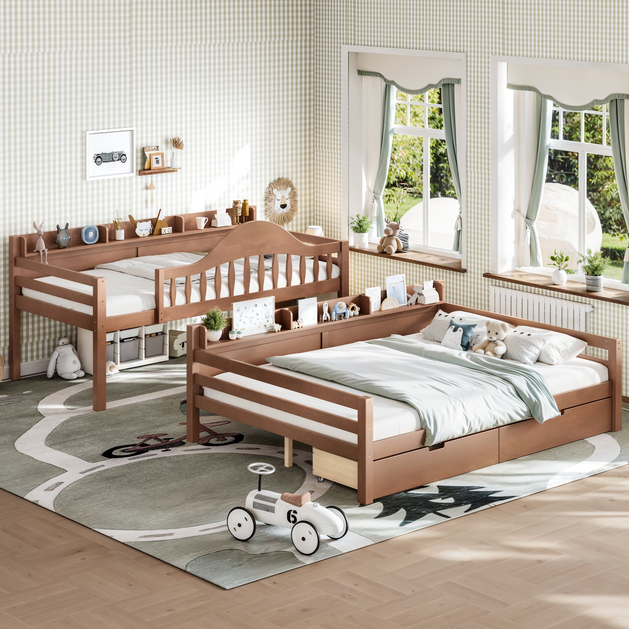 Leumius Twin over Full Bunk Bed with Storage Drawers, Chic Curved Guardrail & Side Storage Shelves, Bunk Bed Frame with Ladder Deep Natural