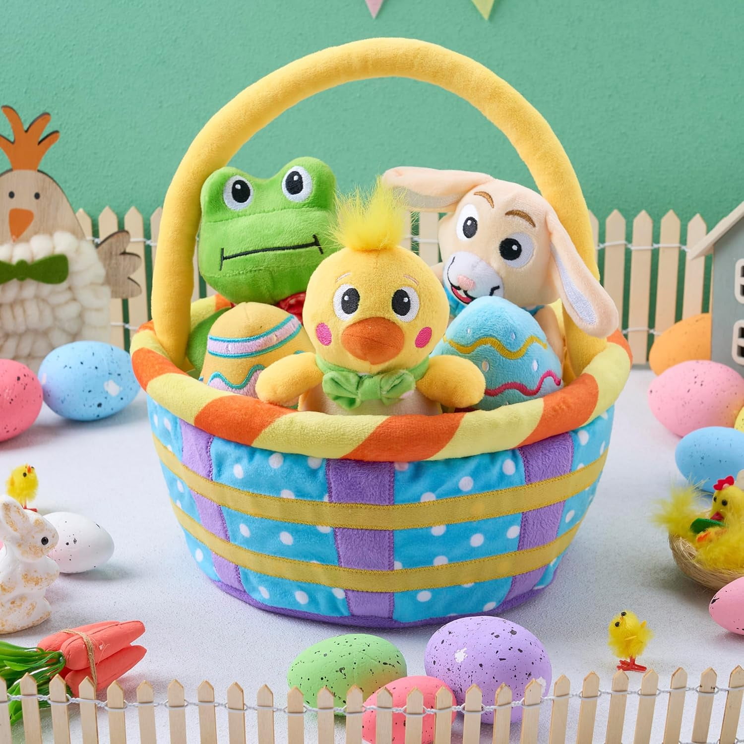 Joyfy 7Pcs Easter Basket for Kids,Basket Stuffers Fillers,Easter Basket Stuffed Animal Plush Playset,Easter Toys for Easter Party Favor Supplies,Easter Eggs Hunt