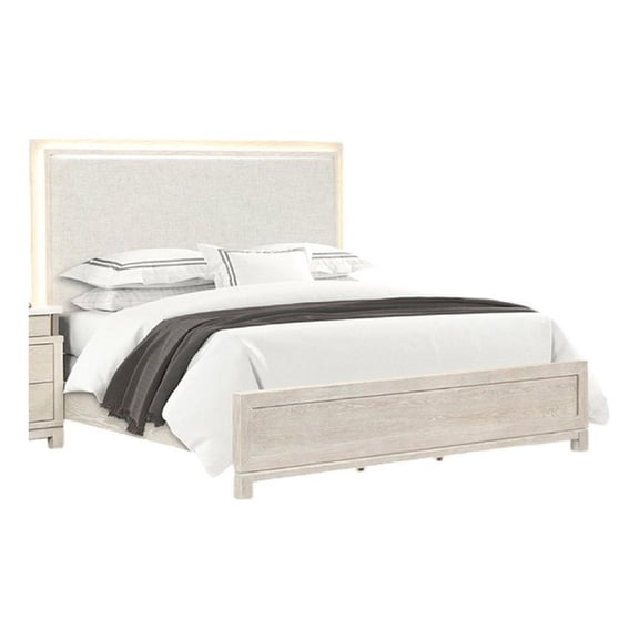 Loji King Bed-Upholstered Headboard with LED-Weathered Gray Wood
