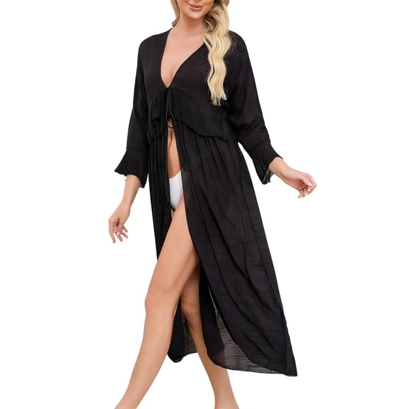 ZToonmas Women's Tie-Front Kimono Beach Cover-up V-Neck Three-Quarter Sleeve Open-Front Maxi Swim Robe Flowy Sheer Bikini Cover