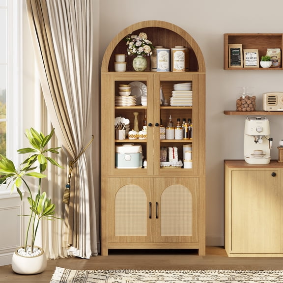 IRONCK 74.8" Tall Arched Pantry Cabinet, Kitchen Storage Cabinet with Rattan Doors & Glass Doors & RGB Lights & 6 Shelves