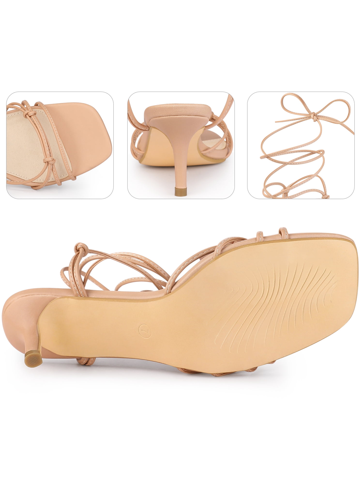 DARING DIVA Women's Knot Lace Strappy Square Toe Kitten Heel Sandals Nude 9