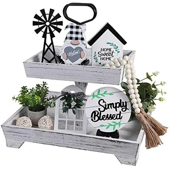 11pcs Farmhouse Tiered Tray Decor Set, Rustic Tier Tray Decorations with Black and White Buffalo Plaid Gnome Ornaments Wooden Home Sweet Home Sign for Kitchen Table Decor Summer Housewarming