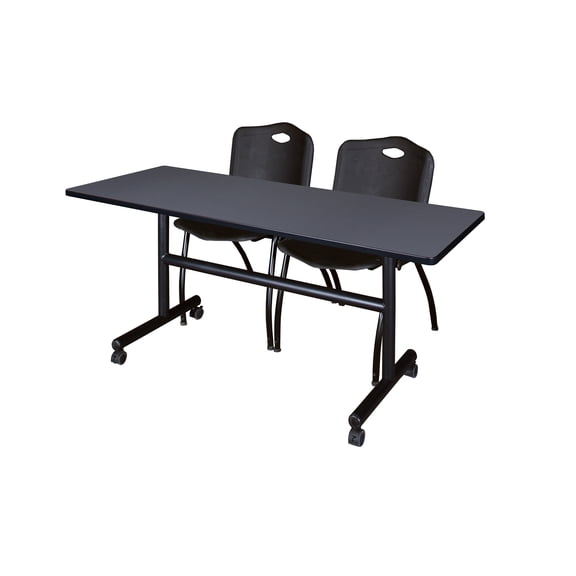 Regency Kobe 60 x 30 in. Flip-Top Training Nesting Table- Grey, 2 M Stack Chairs- Black