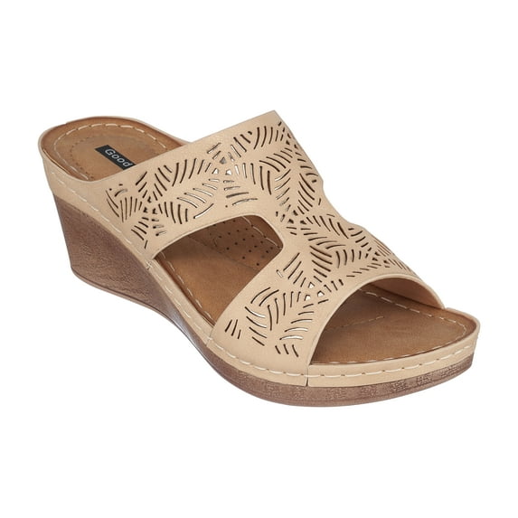 GC Shoes Womens Open Toe Memory Foam Wedge Sandals, Summer Platform Heels, Low Heeled Perforated Strap Slides, Drift/Gold/9