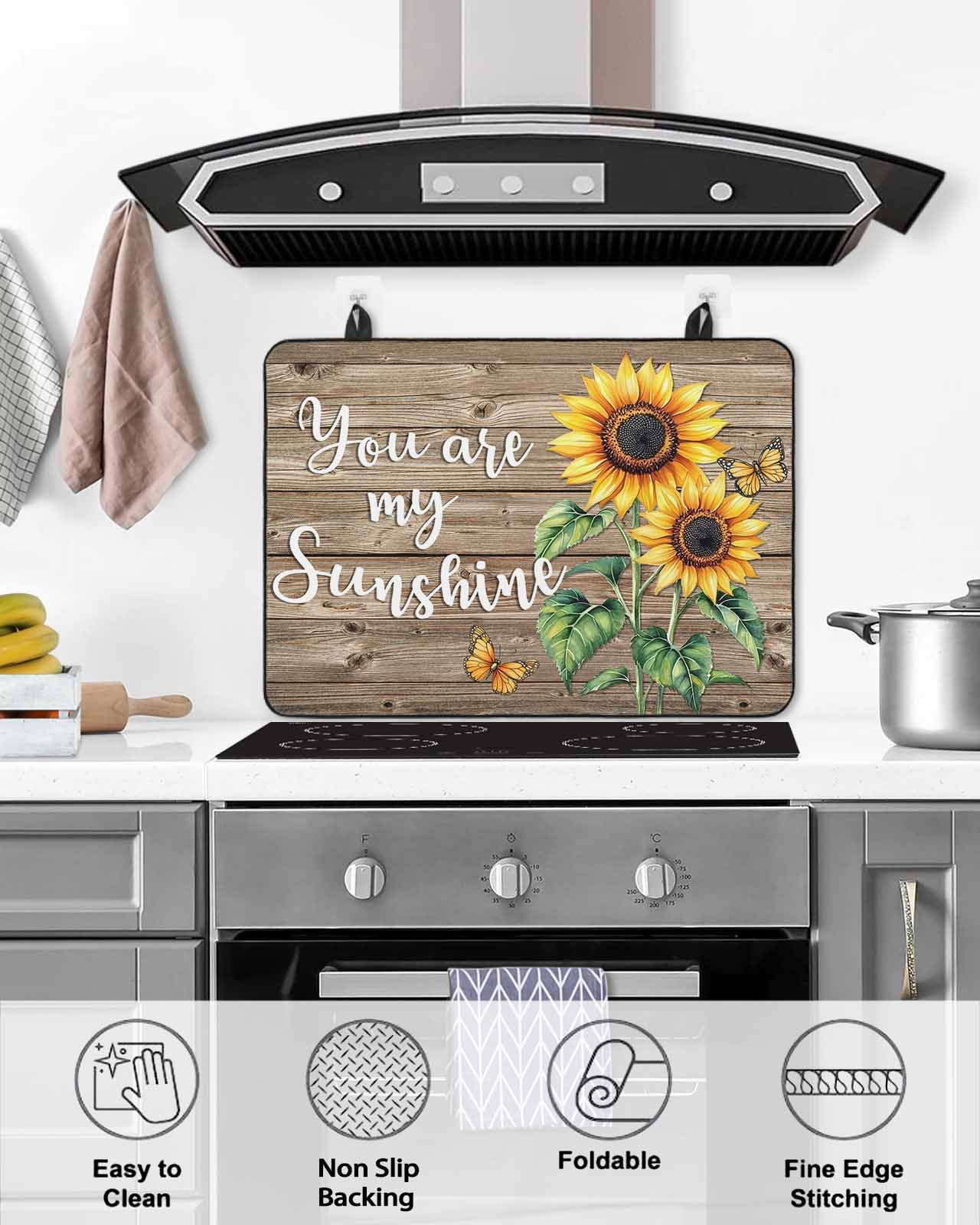nqOlkjepod Large Induction Cooktop Protector Mat 36"x21", Yellow Sunflower Stove Top Covers for Electric Stove, Butterfly Sunshine Brown Farmhouse Wood Stove Burner Cover Mats, Glass Top Stove Cover