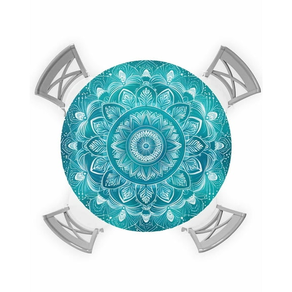 nqOlkjepod Turquoise Boho Round Tablecloth, Fitted Table Cover with Elastic for 55"-60" Round Tables, Abstract Art Floral Ethnic Tribal Table Cloth Outdoor Dinning Party Waterproof Tablecloths