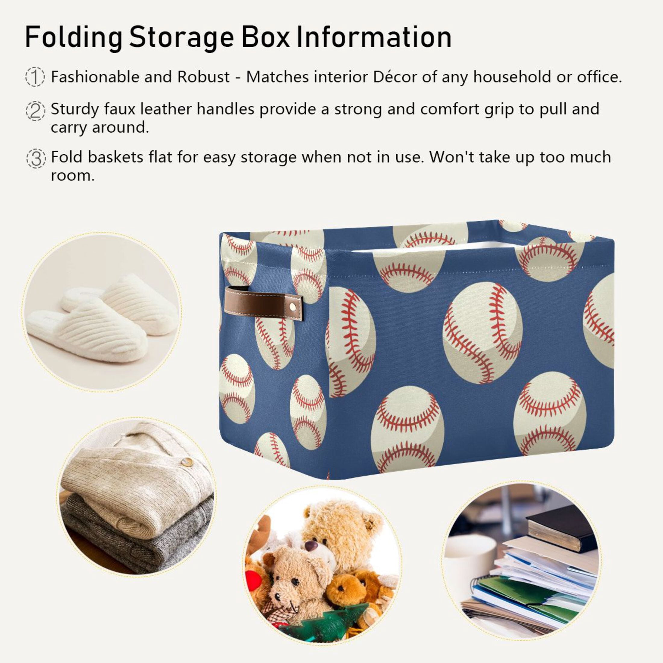 Ryvnso Baseball Blue Storage Basket Large Bin Foldable Boxes Toys Organizer 14.2x10.2x8.3in 2 PCs