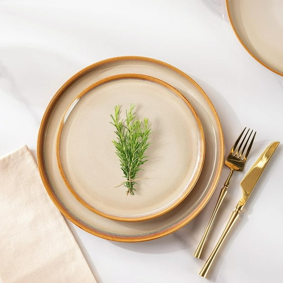 Ceramic Dinner Plates Set of 6, 10.5 Inch Reactive Glaze Porcelain Plates, Modern Shape Dinnerware Dishes Set for Kitchen, Microwave & Dishwasher & Oven Safe, Scratch Resistant - Khaki
