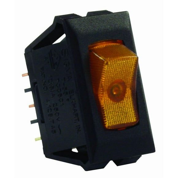 JR Multi Purpose Switch 12555 12 Volt; Single Switch; Single Pole Single Throw SPST; Rocker; 1.125 Inch x 0.550 Inch Cutout; 1.120 Inch x 0.547 Inch Switch; Amber Illuminated; Black