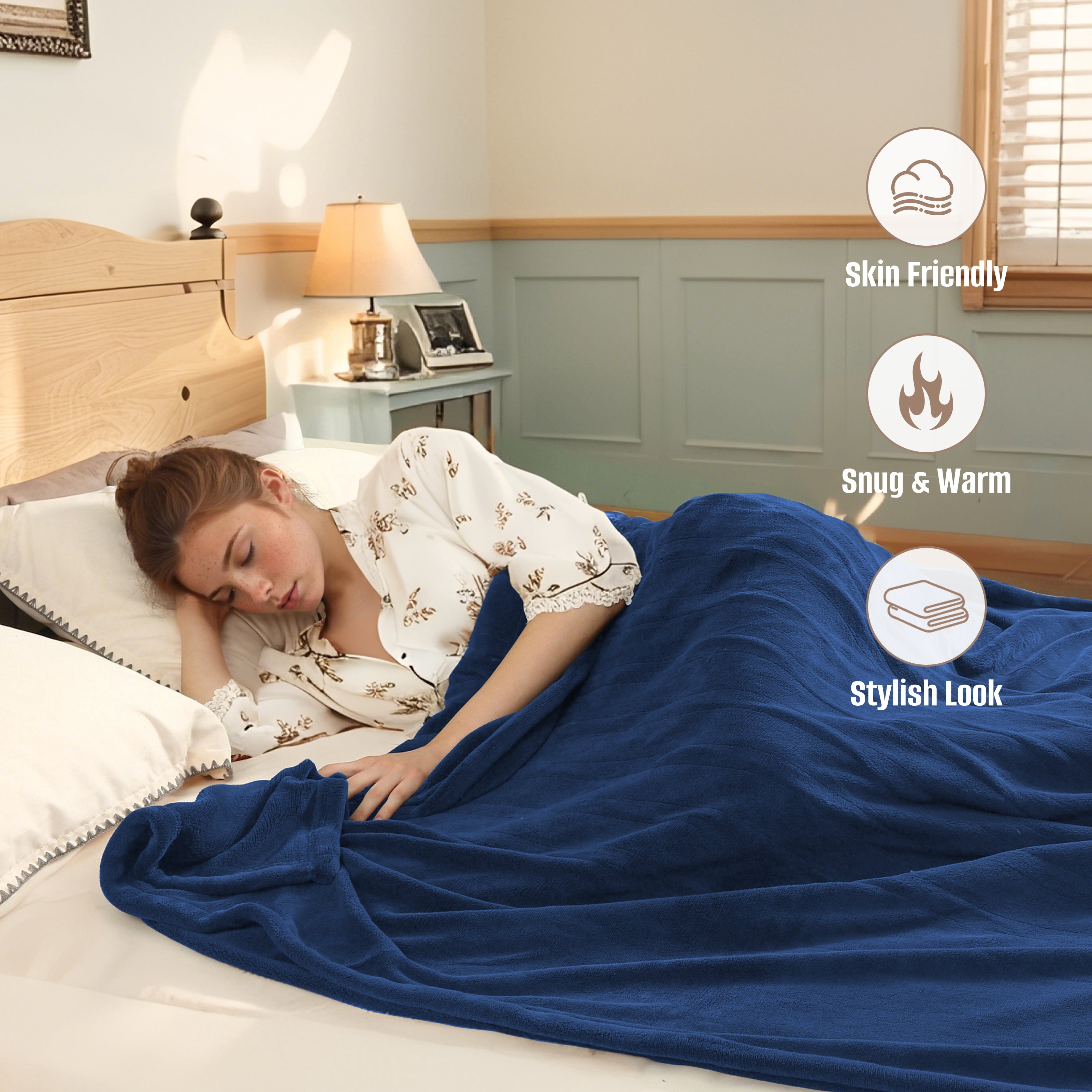 YAKEE Electric Heated Blanket 84"x90" Queen Size with Dual Control, 4 Heat Levels, 10-Hour Auto-off, Soft Coral Fleece, Overheat Protection, Blue