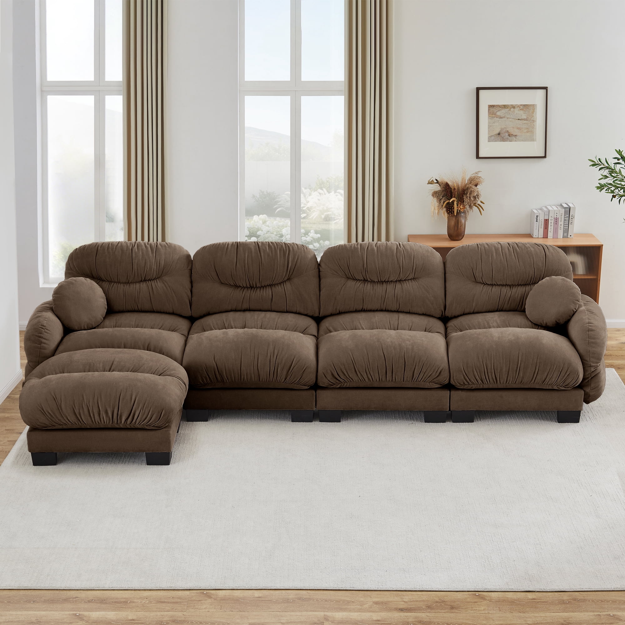 150" 4 Seater Sectional Couch Cozy Chenille Modular Sofa with Ottoman and 2 Throw Pillows