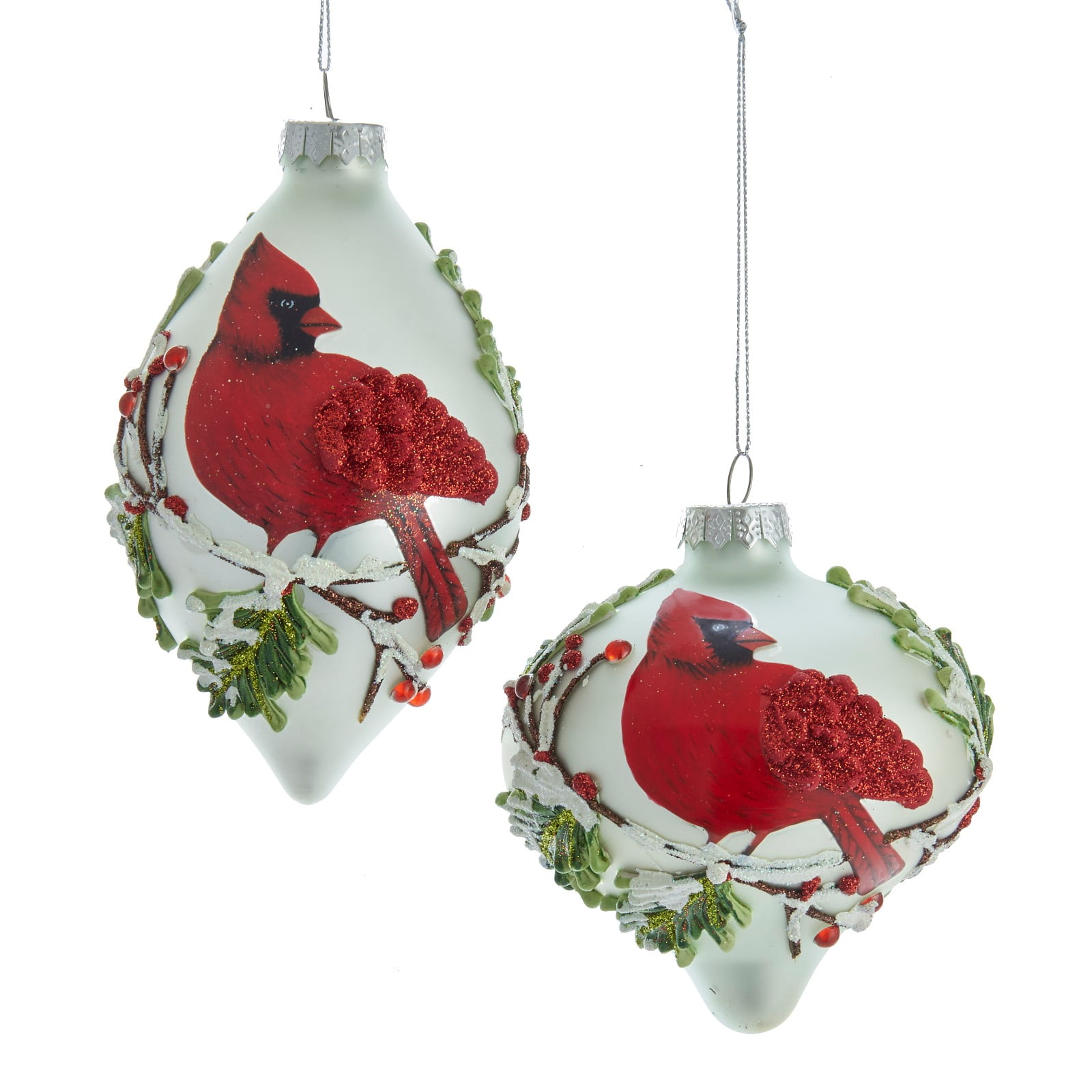Set of 2 Cardinal and Holly Glass Ornaments 