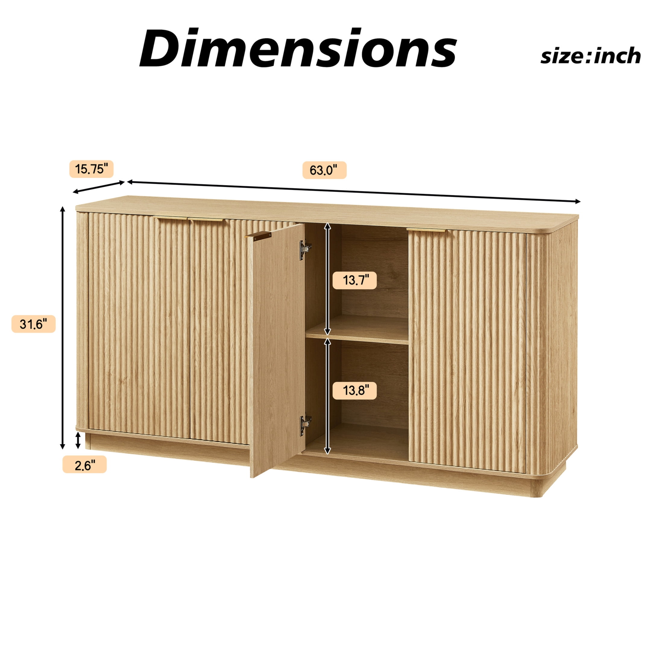 Noble House Illis 63" Modern Buffet Cabinet, Vertical Stripe Sideboard with Curved Wave Design and TV Stand, Oak