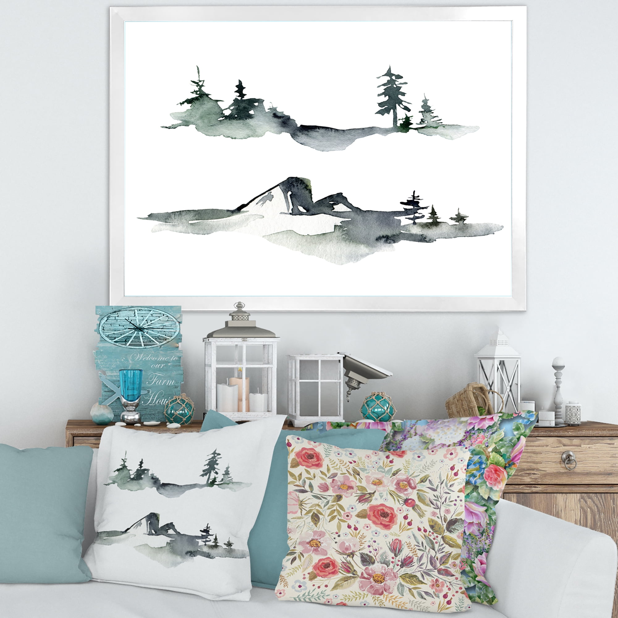 Designart 'Trees With Winter Dark Blue Mountain Landscape I' Modern Framed Art Print