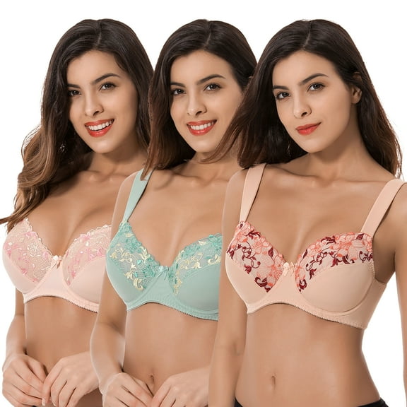 Curve Muse Plus Size Minimizer Underwire Unlined Bras with Embroidery Lace-3Pack-SAGE,LIGHT BROWN,BLUSH-34B