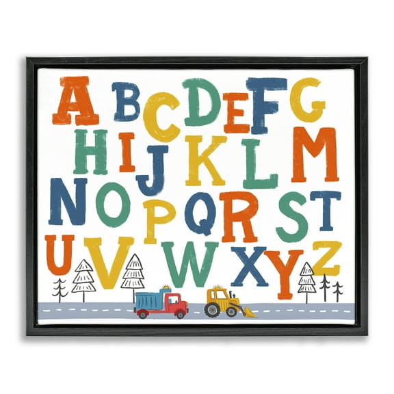 Stupell Industries Alphabet & Construction Trucks Education Painting Black Floater Framed Canvas Art Print Wall Art, 21 x 17