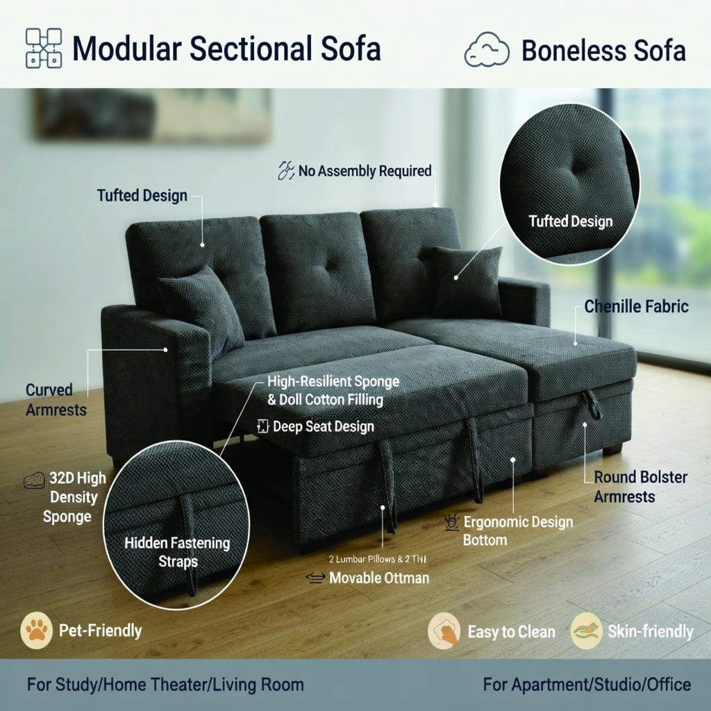 Hommoo Mid-Century Modern Sectional Sleeper Sofa with Pull-Out Bed, Reversible Chaise & Hidden Storage, L-Shaped Convertible Sofa Bed for Small Spaces, Dark Gray