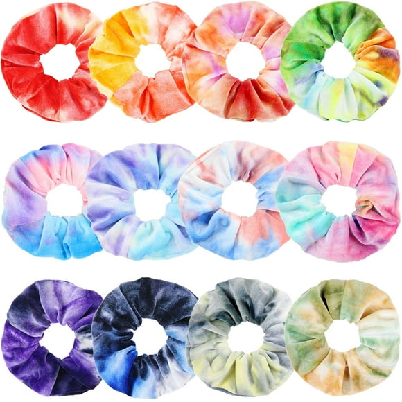 IVARYSS Coleteros para niñas, 12 piezas de terciopelo teñido anudado para cabello, suave soporte de cola de caballo arcoíris, lindos colores caramelo, bandas elásticas para el cabello para adolescente