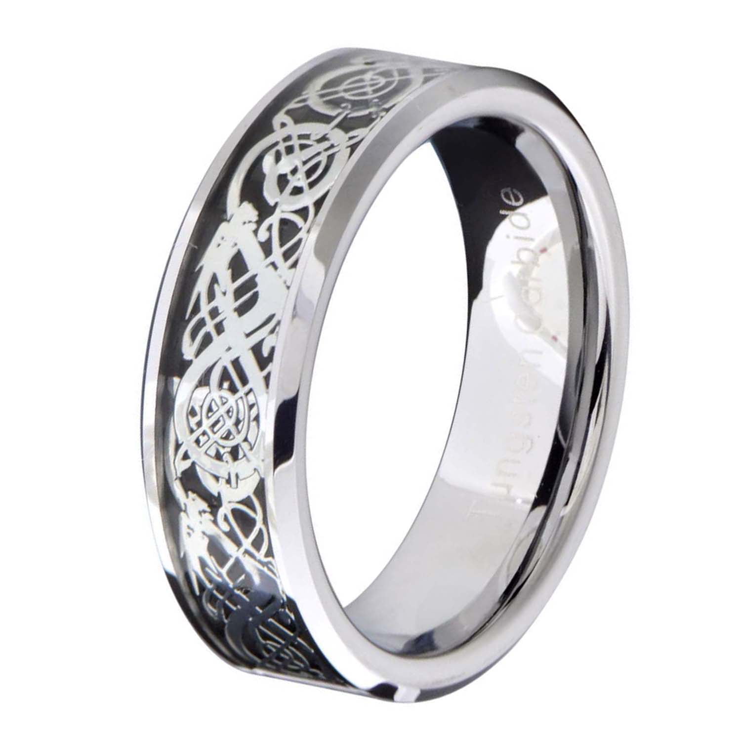 8mm Tungsten Brush Top Facet Edge Band Dragon Celtic Scroll Men's Wedding Ring 