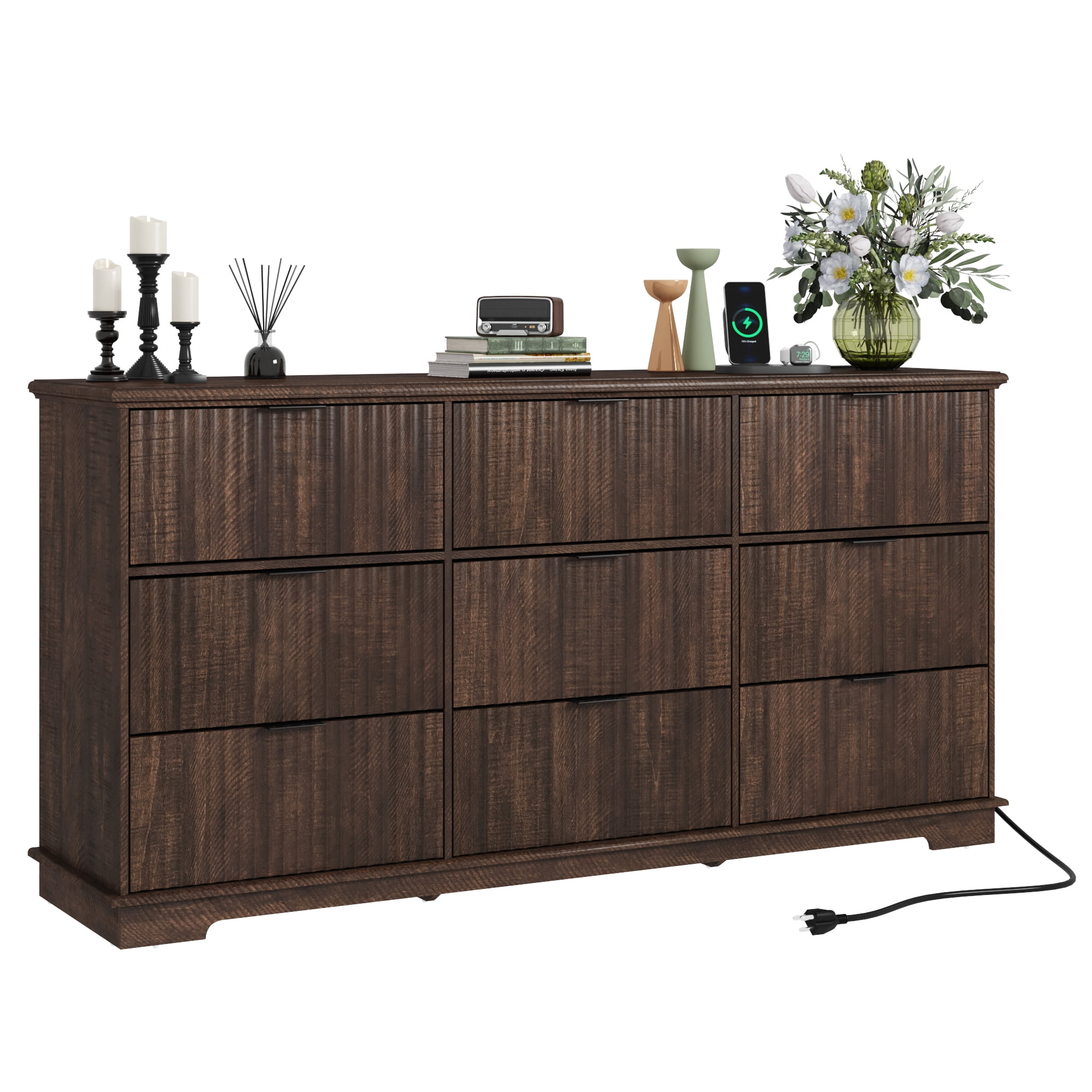 ChVans Farmhouse 9 Drawers Dresser with Power Outlets, 63'' Wide Wood Chest of Drawers w/Fluted Texture, Deep Drawer Dresser Storage Organizer for Bedroom, Living Room, Entryway, Hallway, Brown