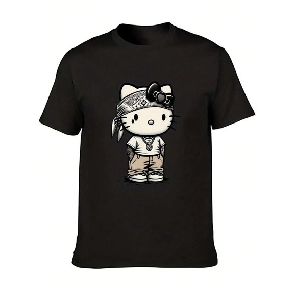 Women's Short-Sleeved Crew Neck Casual T-Shirt With HELLO KITTY Print. Made Of Pure Cotton. Machine Washable. Suitable For All Seasons. Summer Wear. Fun, Sexy, Avant-Garde And Personalized Design. Op