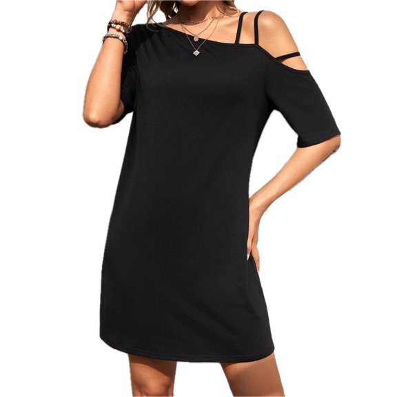 Women's Asymmetrical Neck Short Sleeve Mini Dress with Sheer Body and Stretch 95% polyester 5% spandex classic fit